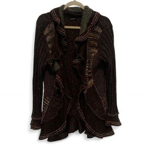 Fantazia Brown Ruffle Whimsy Boho Cottagecore Open Front Long Cardigan